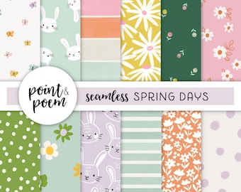 Easter Digital Papers, Spring Digital Papers, Doodle Rabbits and Flowers, Pink Mint Digital Paper, Hand drawn Patterns, Commercial Use
