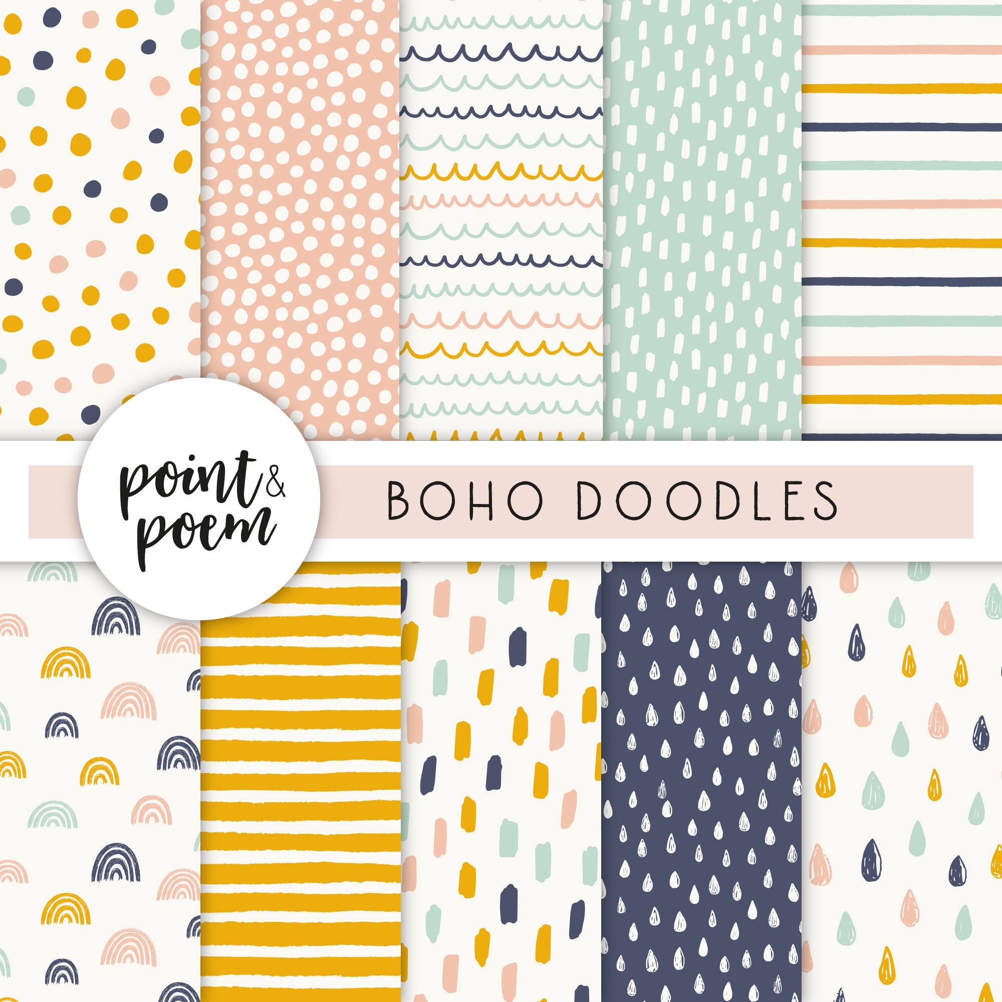 Doodle Digital Papers, Pink Yellow & Navy Boho Scandi Digital Paper Pack,  Hand drawn Patterns, Digital Scrapbooking Paper, Commercial Use