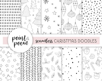 Scandi Christmas Doodle Digital Paper: Black & White Patterns (Commercial Use)