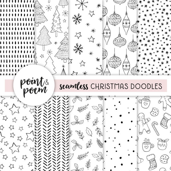 Doodle Christmas Digital Paper, Black and White Scandi Christmas Patterns, Winter Holidays, Digital Scrapbooking, Commercial Use