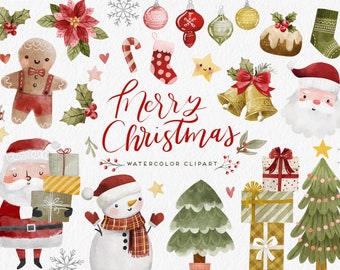 Cute Christmas watercolor clipart, Classic Christmas, Digital Planner Stickers, winter watercolor graphics, Santa, Snowman, Holidays png