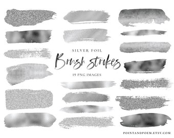 Silver Brush Strokes clipart, Silver Glitter Clipart, Silver foil brush strokes, Silver metallic clipart, Silver design elements, Commercial