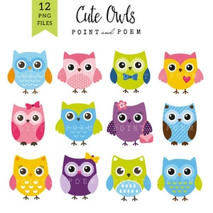 Búho Clip Art, búho clipart, lindo, dulce, caprichoso, rosa, púrpura, verde, azul, búho de color - Uso comercial