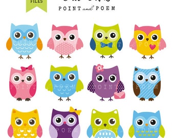 Chouette Clip Art, clipart hibou, mignon, doux, fantaisiste, rose, violet, vert, bleu, couleur hibou - usage Commercial