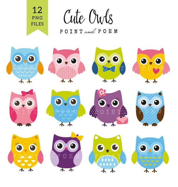 Owl Clip Art, Owl Clipart, Cute, Sweet, Whimsical, Pink, Purple, Green,  Blue, Color Owl Commercial Use - Etsy