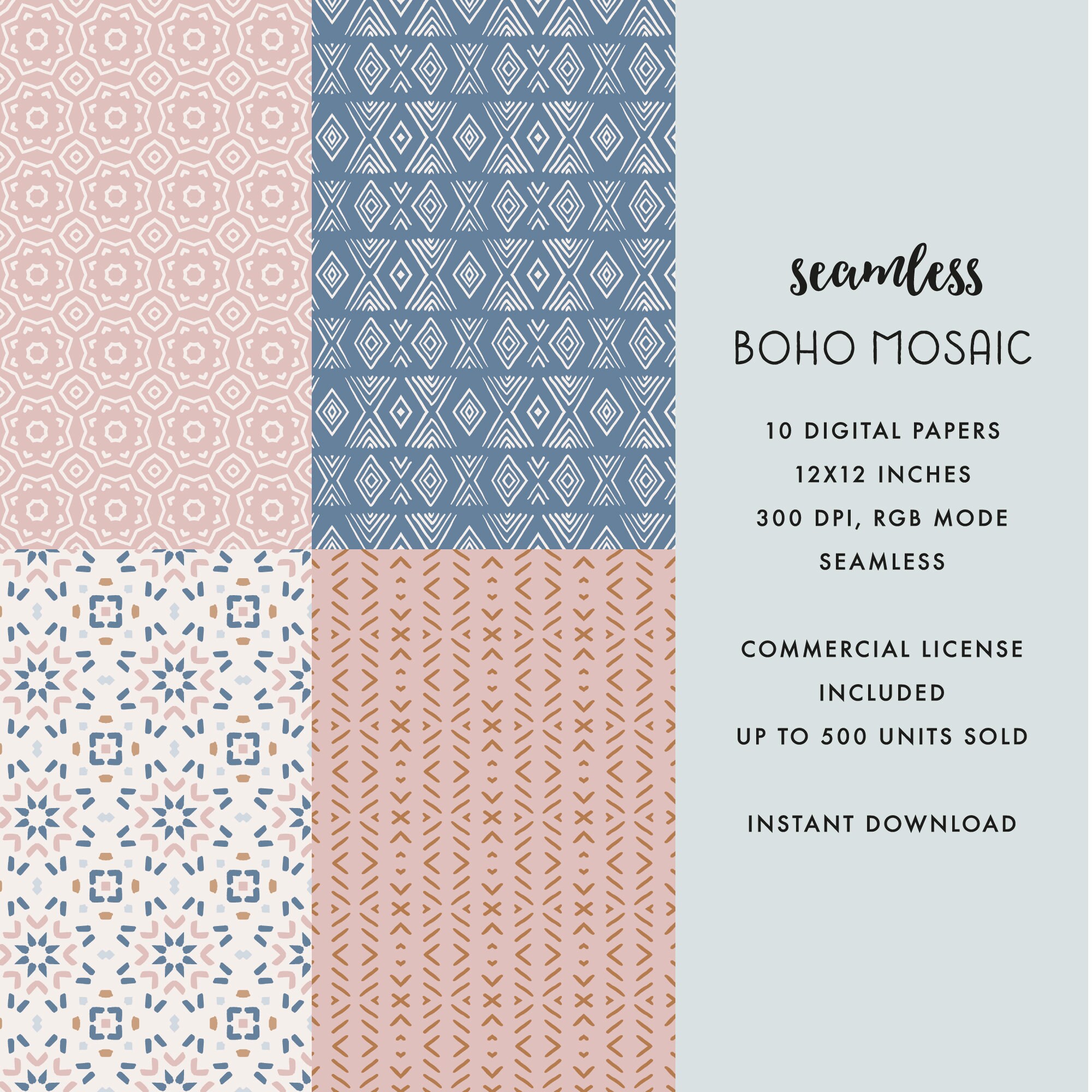 Boho Digital Paper | Mosaic Seamless Digital Paper | Brown, Pink & Mint ...