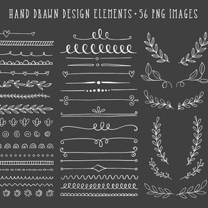 Puede incluir: Un conjunto de 56 elementos de diseño dibujados a mano en blanco sobre un fondo negro. Los elementos incluyen bordes, divisores, flechas, corazones y motivos florales.