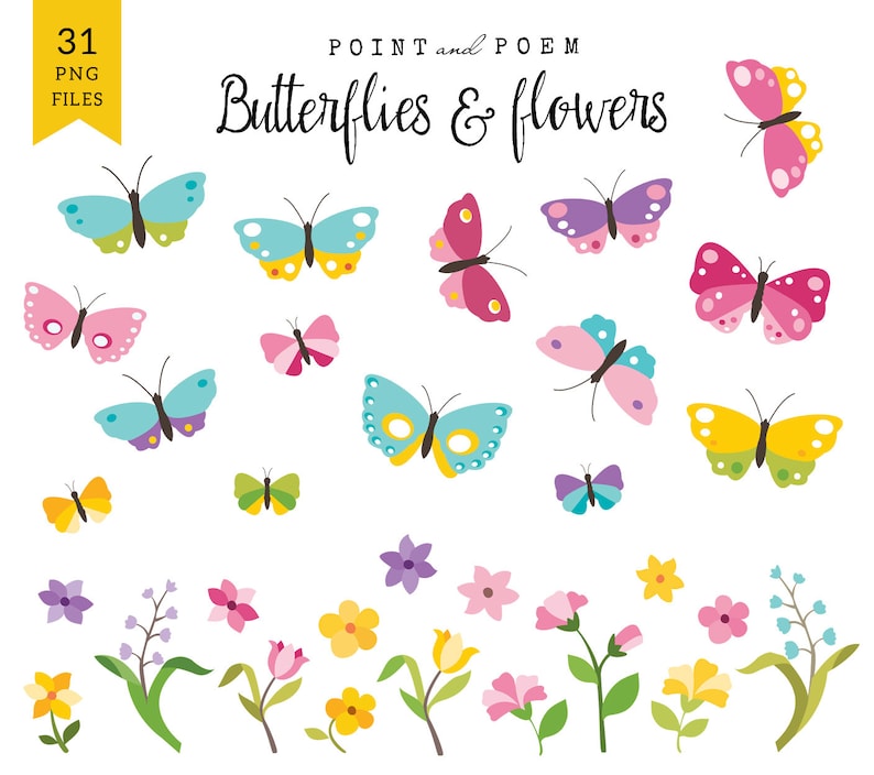 May include: A set of 31 digital illustrations featuring colorful butterflies and flowers. The butterflies are in various colors, including pink, blue, yellow, and green. The flowers are in shades of pink, yellow, and purple.