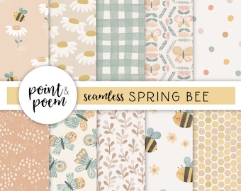 Spring Digital Papers, Cute floral Digital Paper, bee, butterflies, Flowers daisy, Neutral, Hand drawn Patterns, Commercial Use