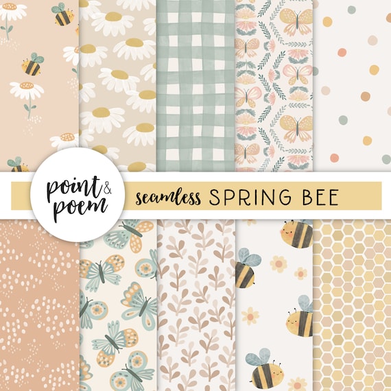 Spring Digital Papers, Cute floral Digital Paper, bee, butterflies, Flowers daisy, Neutral, Hand drawn Patterns, Commercial Use