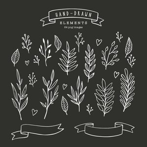 May include: A set of 16 hand-drawn floral elements in white on a black background. The elements include leaves, branches, and hearts. The text "HAND-DRAWN ELEMENTS 64 png images" is at the top of the image.