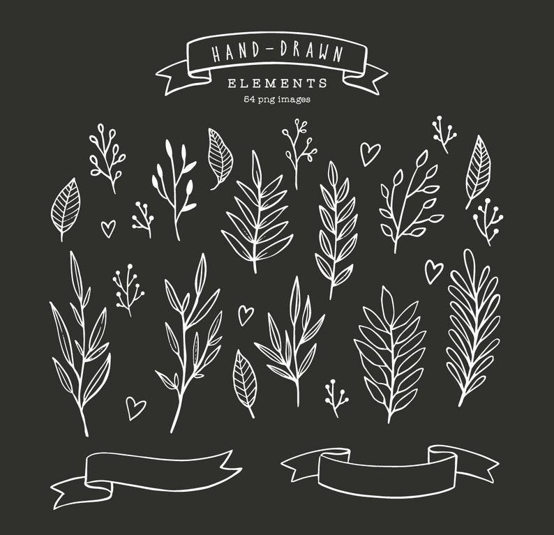 May include: A set of 16 hand-drawn floral elements in white on a black background. The elements include leaves, branches, and hearts. The text "HAND-DRAWN ELEMENTS 64 png images" is at the top of the image.
