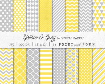 Yellow Digital Paper Pack, Grey Scrapbook Pack, Gray, Chevron, Polka dot, Stripes - Commercial Use