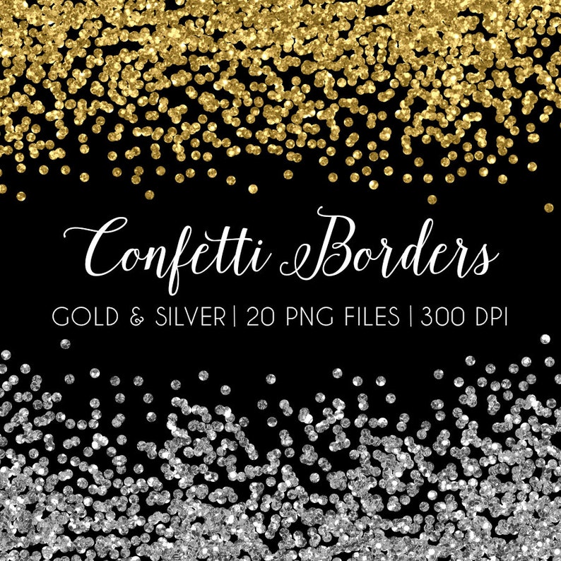 Gold confetti clipart, glitter border clip art, gold silver conf