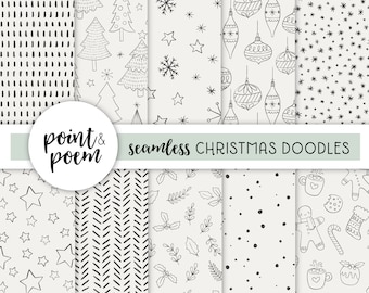Doodle Christmas Digital Paper, Black and White Scandi Christmas Patterns, Winter Holidays, Digital Scrapbooking, Commercial Use