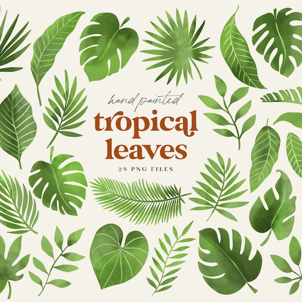 Tropical Leaves clipart  - Watercolor Green Exotic Leaves - Summer Tropical Clip art - Botanical design elements