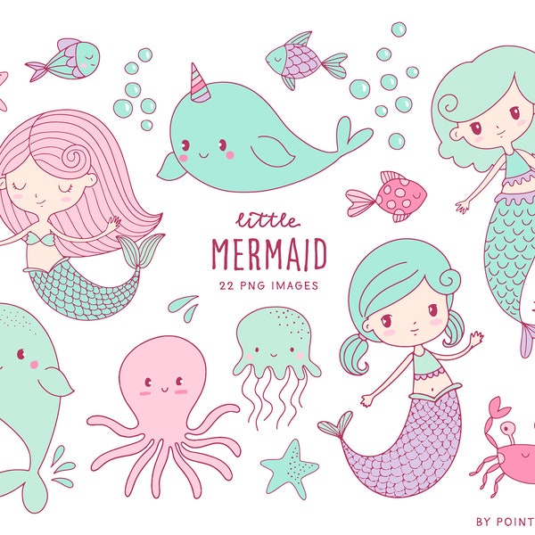 Mermaid Clipart. Cute Mermaids and Sea Creatures Hand Drawn clip art. Commercial use, girls, fish, starfish, narwhal, crab, bubbles.