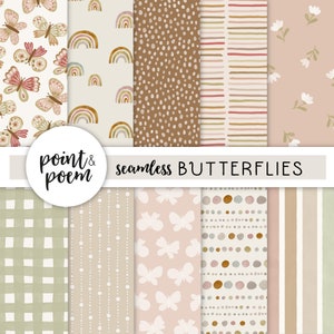 Butterfly Digital Papers, Spring Digital Papers, Butterflies and Flowers, Pink Brown Green Digital Paper, Hand drawn Pattern, Commercial Use