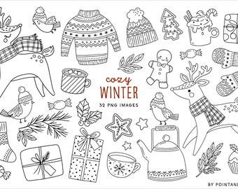 May include: A set of 32 black and white winter-themed illustrations, including a reindeer, a bird, a sweater, a mug, a teapot, a gingerbread man, a gift, a stocking, a cupcake, and a star. The text "cozy winter" and "32 PNG images" is included in the image.