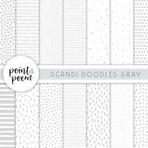 Doodle Scandinavian Digital Papers, Gray & White Digital Paper Pack, Hand Drawn Patterns, Digital Scrapbooking Paper - Commercial Use