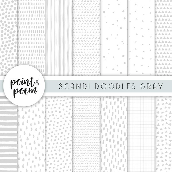 Doodle Scandinavian Digital Papers, Gray & White Digital Paper Pack, Hand Drawn Patterns, Digital Scrapbooking Paper - Commercial Use