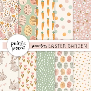 Easter Digital Papers, Spring Digital Papers, Doodle Rabbits and Flowers, Pink Yellow Digital Paper, Hand drawn Patterns, Commercial Use