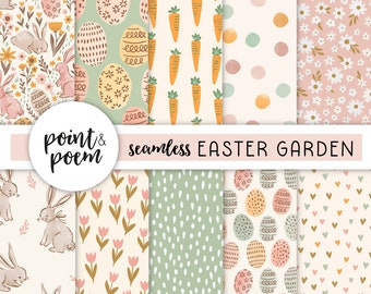 Easter Digital Papers, Spring Digital Papers, Doodle Rabbits and Flowers, Pink Yellow Digital Paper, Hand drawn Patterns, Commercial Use