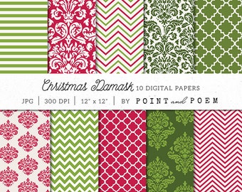 Christmas Damask Digital Paper, Red Green, Holiday damask background, chevron, stripes, floral - Commercial Use