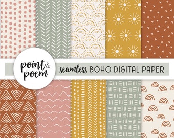 Boho Doodle Carte digitali senza cuciture, Toni della terra Boho Digital Paper Pack, Modelli disegnati a mano, Carta da scrapbooking digitale, Uso commerciale