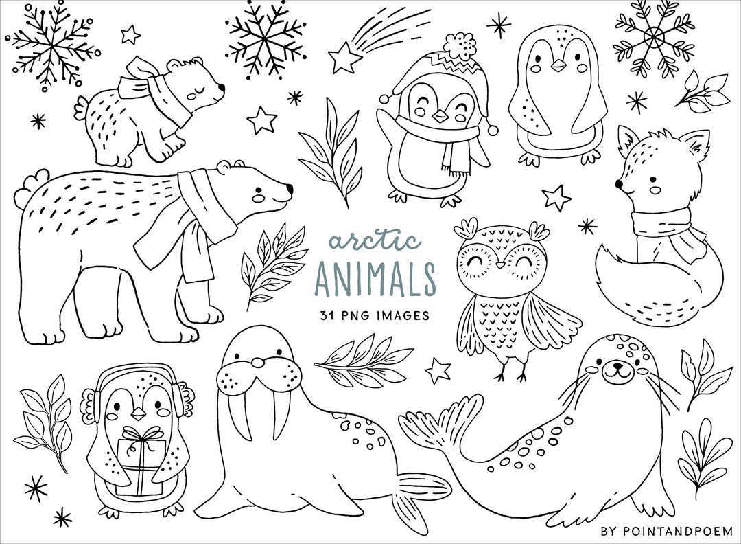 Cute Arctic Animals Digital Stamps, Cute Winter Animals Clipart