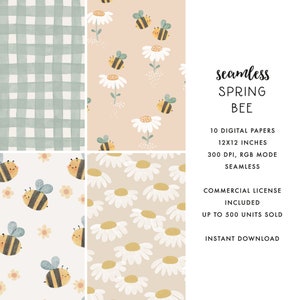 May include: A set of 10 digital paper designs featuring a seamless pattern of bees and daisies in various colors. The papers are 12x12 inches and 300 DPI. The text "seamless SPRING BEE" is displayed in the image.