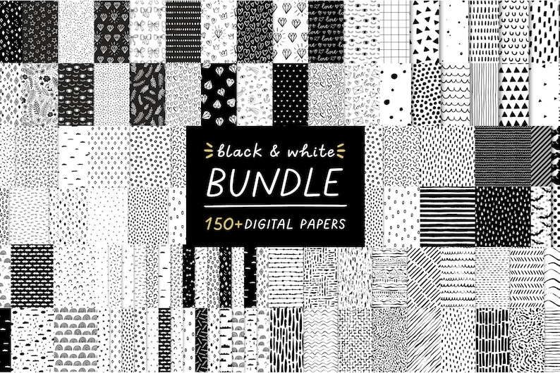 May include: A collection of 150+ black and white digital papers featuring various patterns, including geometric shapes, dots, stripes, and hand-drawn designs. The text "black & white bundle" and "150+ digital papers" is displayed on a black background.