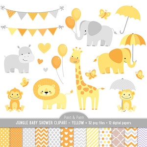 Animales Clip Art, Animales de la selva bebé ducha bebé bebé, niño neutro bebé ducha, papeles digitales, ducha de bebé - uso comercial