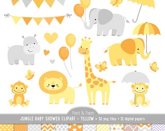 Animals Clip Art, Jungle Animals Baby Shower Yellow Baby, Neutral Boy Girl Baby Shower, Digital Papers, Baby Shower - Commercial Use