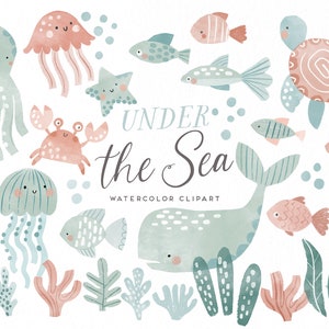 Onder de zee aquarel clipart, schattige zoute dieren digitale illustraties, nautische zomer babyshower, kinderkamer decor kunst, zee afdrukbare kunst