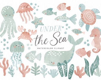Puede incluir: Conjunto de imágenes prediseñadas de acuarela con varias criaturas marinas, incluyendo un pulpo, medusas, estrella de mar, cangrejo, peces, ballena, caballito de mar y tortuga. El diseño incluye el texto "Under the Sea" e ilustraciones de coral y algas marinas.