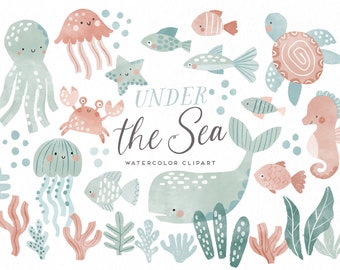 Under the Sea watercolor clipart, Cute saline animals Digital Clip Art, Nautical Summer baby shower, Nursery Decor art, Sea printable art