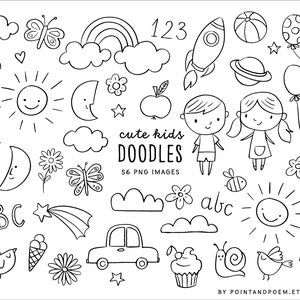 Kids Doodle Clipart, Cute School Clipart | Digital Stamps | Hand-drawn Black and White Graphics | Commercial use | Instant Download