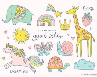 Cute girly doodle clipart. Unicorn, rainbow, elephant, giraffe, good vibes. Png images.