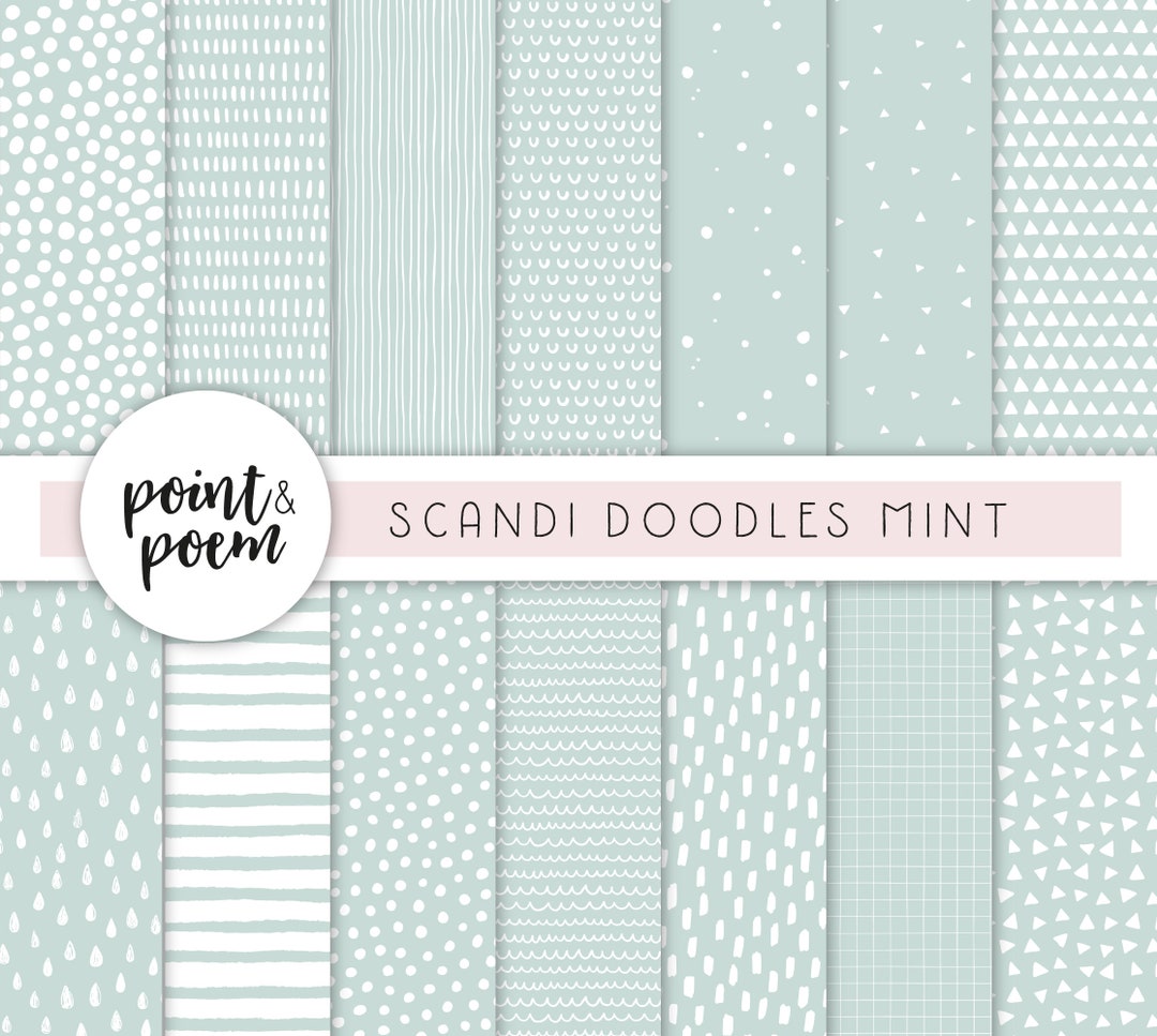Doodle Scandinavian Digital Papers, Mint & White Digital Paper Pack ...