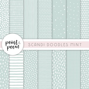 Doodle Scandinavian Digital Papers, Mint & White Digital Paper Pack, Modelli disegnati a mano, Carta digitale scrapbooking - Uso commerciale