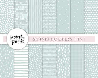 Doodle Skandinavische Digitale Papiere, Mint & Weiß Digital Paper Pack, handgezeichnetes Muster, digitales Scrapbooking Papier - Kommerzielle Nutzung