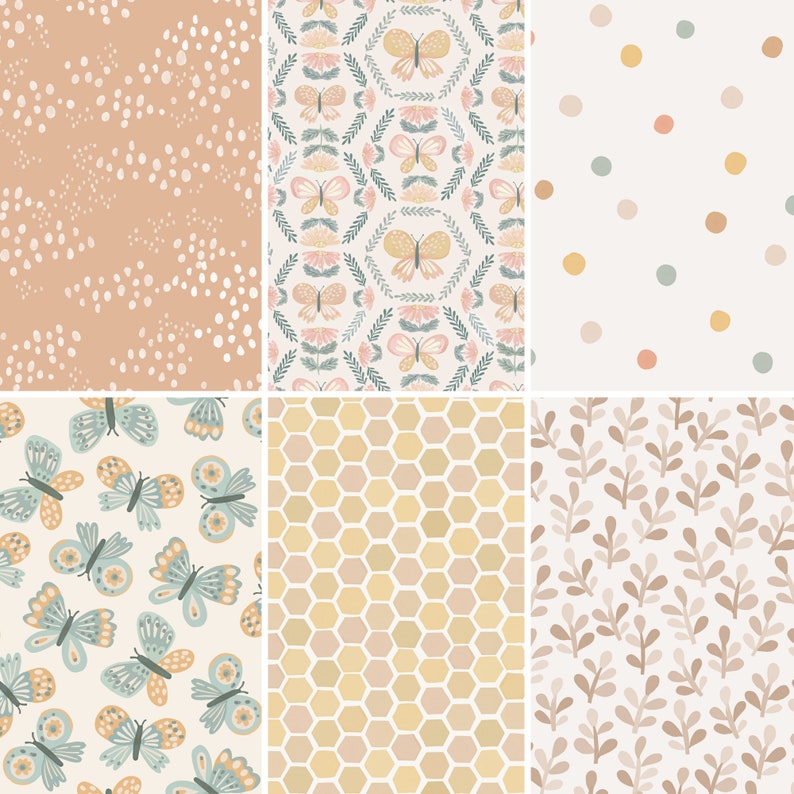 May include: Six different seamless patterns featuring various designs. The patterns include butterflies, honeycomb, leaves, and polka dots. The patterns are in shades of brown, beige, and blue.