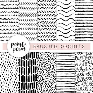 May include: A set of 10 black and white digital paper patterns with various brush stroke designs. The patterns include dots, stripes, waves, and zigzags. The text "point & poem" and "BRUSHED DOODLES" are at the top of the image.