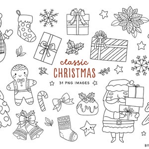 Cute Christmas Digital Stamps. Coloring doodle Christmas clipart. Holidays, winter, Santa, Snowman, Christmas tree, snowflakes. Png images.
