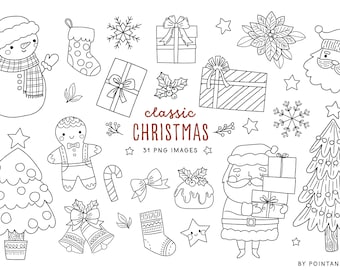 Cute Christmas Digital Stamps. Coloring doodle Christmas clipart. Holidays, winter, Santa, Snowman, Christmas tree, snowflakes. Png images.