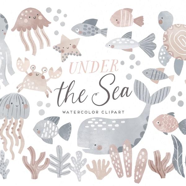 Clipart aquarelle sous la mer, animaux salins mignons Digital Clip Art, baby shower d’été nautique, art de décoration de pépinière, art imprimable de la mer