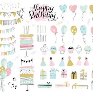 Verjaardag Clipart | Party Illustraties | Commercieel gebruik handgetekende Clipart | Cupcake Clipart, Ballon, Bunting banners | Direct downloaden
