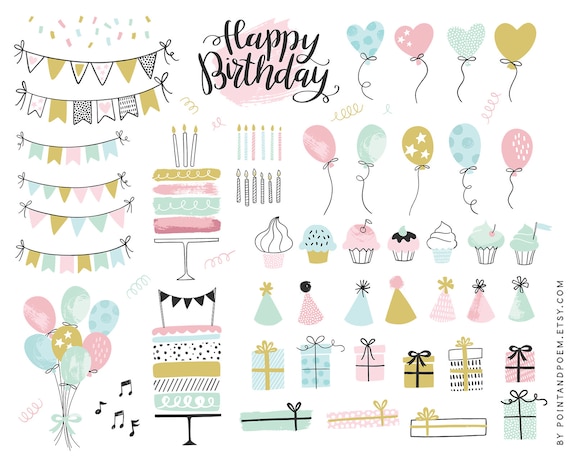 Birthday Clipart | Party Clip art | Commercial use hand-drawn Clipart | Cupcake Clipart, Balloon, Bunting banners | Instant Download