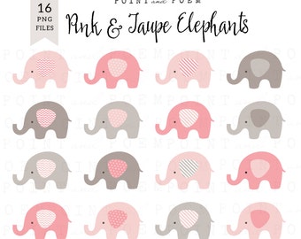 Elefantes clip art, lindo bebé elefantes, rosa y gris taupe, bebé niña Clip Art Set, scrapbooking, suministros de fiesta, invitaciones